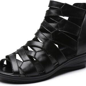 Women Leather Gladiator Sandals High Top Flat Wedges Summer Open Toe